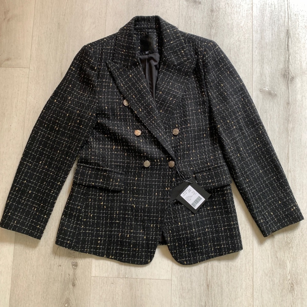 MINASELF Women Black Gold Tweed Double Breasted Blazer Jacket Size M NEW 23QDYT